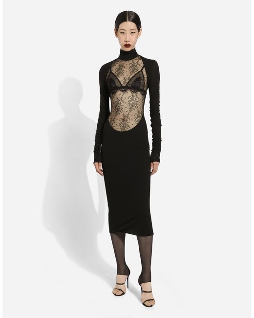 Dolce & Gabbana ロンゲットドレス ジャージー シャンティイレースインサート Black