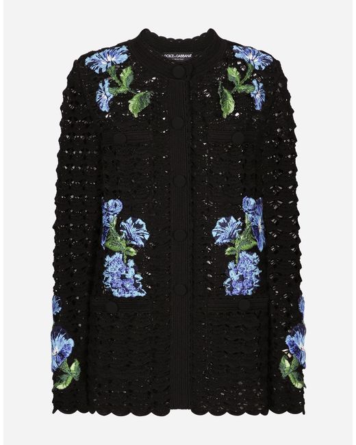 Dolce & Gabbana Black Crochet Cardigan With Bluebell Embroidery
