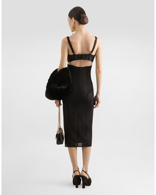 Dolce & Gabbana Black Calf-Length Satin And Lace Dress With Corset Details