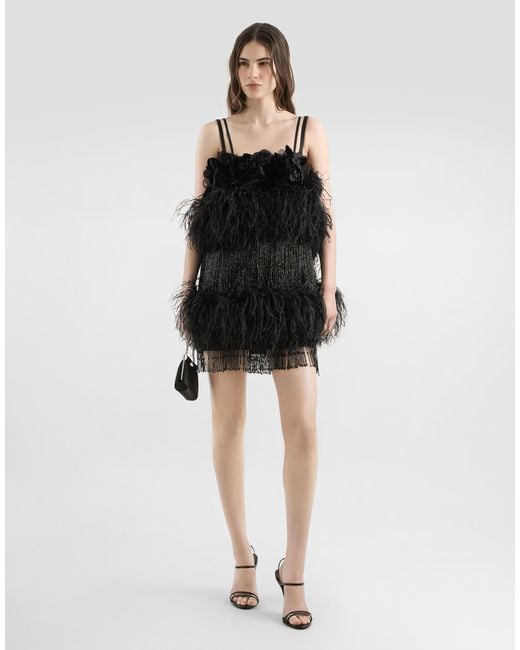 Dolce & Gabbana Black Satin Dress With Feathers