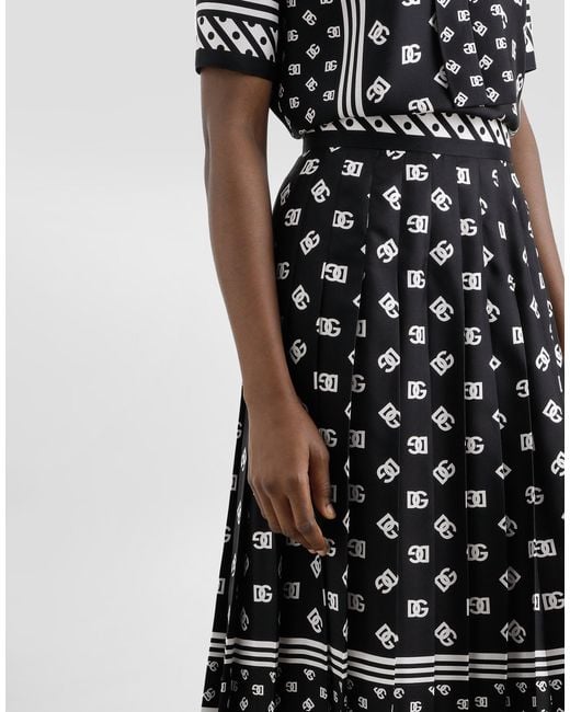 Dolce & Gabbana White Pleated Silk Twill Calf-Length Skirt With All-Over Dg Logo Scarf Print