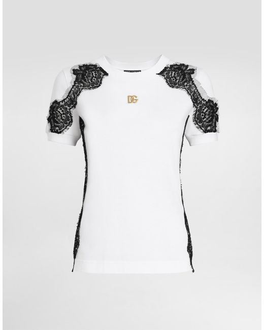 Dolce & Gabbana Black Jersey T-Shirt With Dg Logo And Lace Details