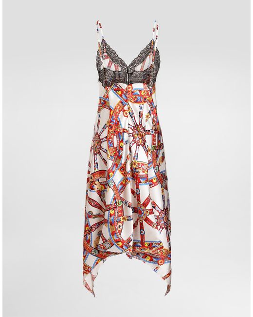 Dolce & Gabbana White Silk Satin Dress With Carretto-Print