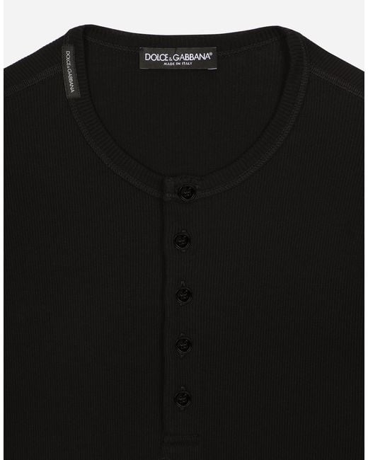 Dolce & Gabbana Black Fine-Rib Cotton Granddad-Neck T-Shirt for men
