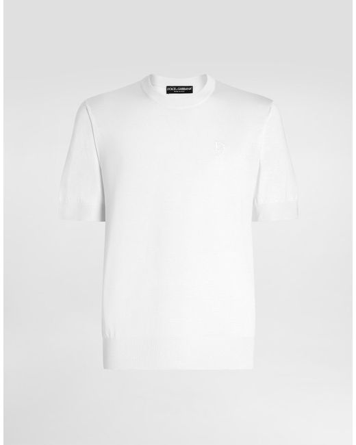 Dolce & Gabbana White Silk Round-Neck Sweater With Dg Embroidery for men