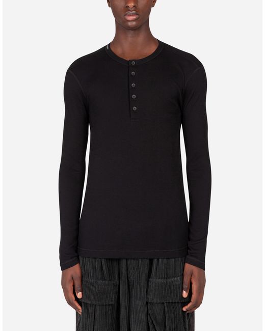Dolce & Gabbana Black Fine-Rib Cotton Granddad-Neck T-Shirt With Long Sleeves for men