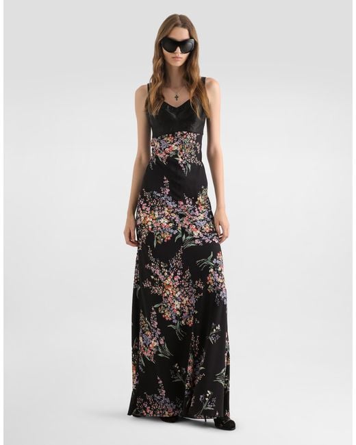 Dolce & Gabbana White Flower Bouquets-Print Long Charmeuse Dress