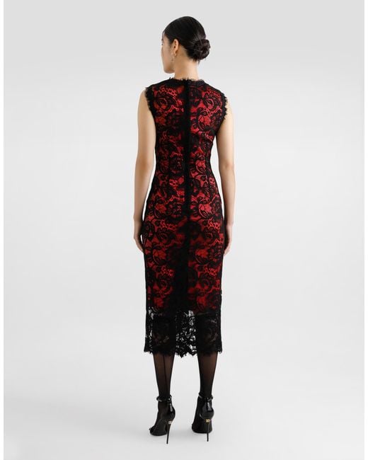 Dolce & Gabbana Red Calf-Length Floral Lace Sheath Dress With Contrasting Lining