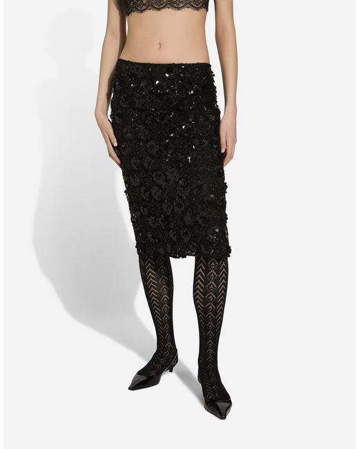 Dolce & Gabbana Black Lace Calf-Length Skirt With All-Over Sequins