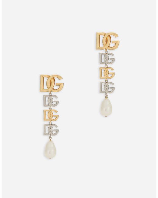 Dolce & Gabbana White Drop Earrings With Two-Tone Dg Multi-Logo