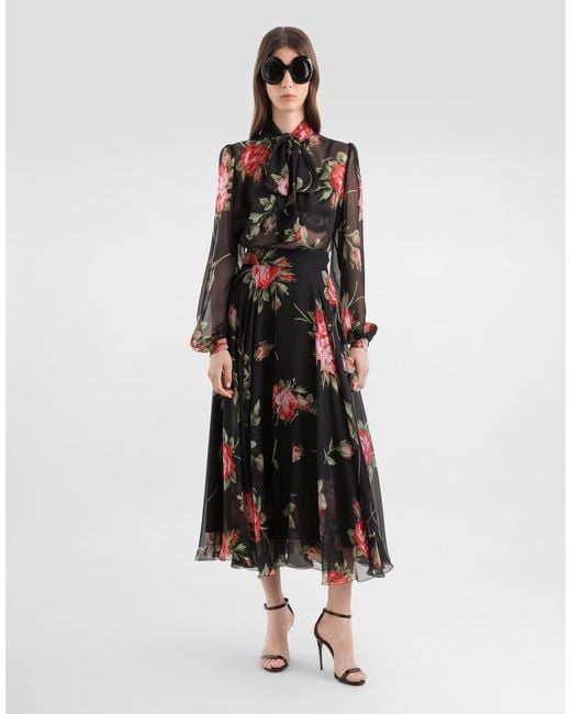 Dolce & Gabbana White Rose Bouquet-Print Chiffon Circle Skirt