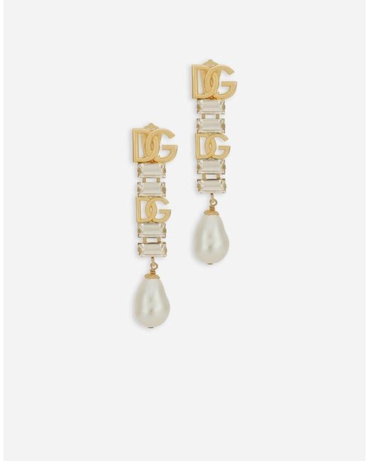 Dolce & Gabbana White Drop Earrings With Pearls, Rhinestones And Dg Logo