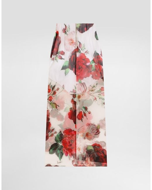 Dolce & Gabbana White Rose- Chiffon Calf-Length Skirt
