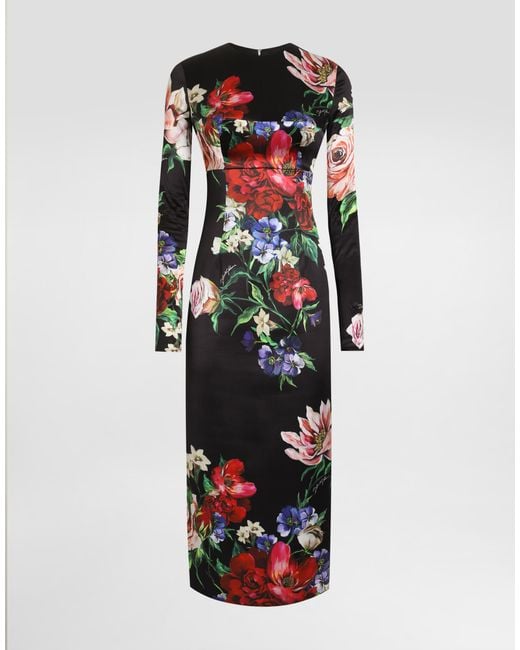 Dolce & Gabbana White Satin Calf-Length Round-Neck Dress With Floral