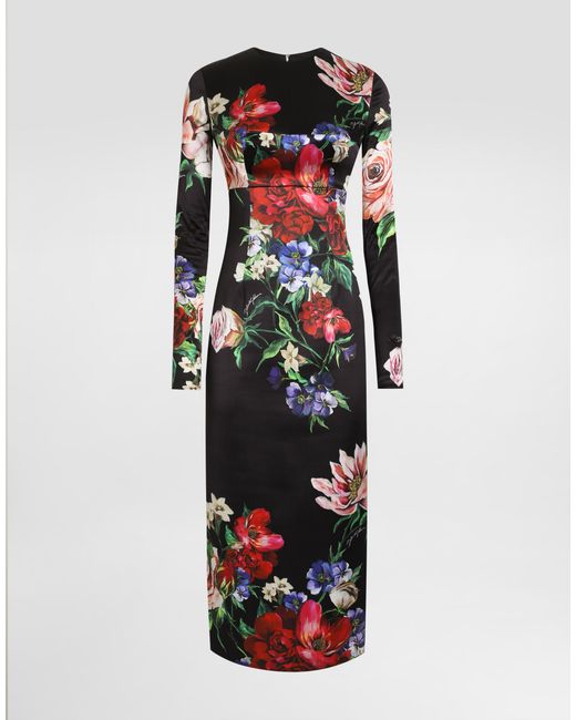 Dolce & Gabbana White Satin Calf-Length Round-Neck Dress With Floral