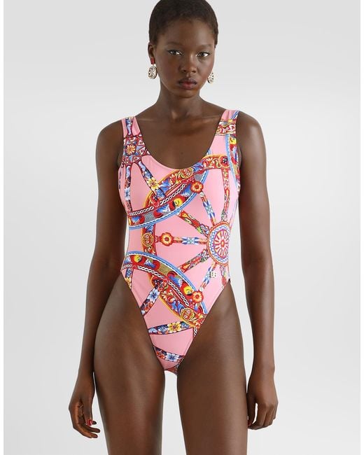 Dolce & Gabbana White Carretto-Print One-Piece Swimsuit