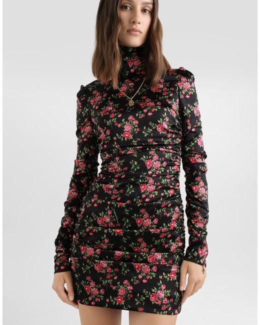 Dolce & Gabbana Black Small Rose Bouquets-Print Long Satin Dress