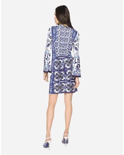 Dolce & Gabbana Blue Short Majolica-Print Organzine Dress