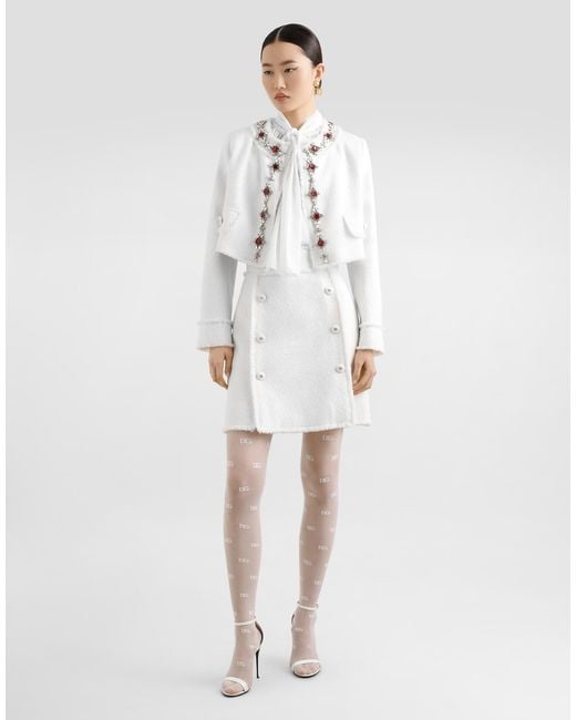 Dolce & Gabbana White Tweed Embellished Jacket