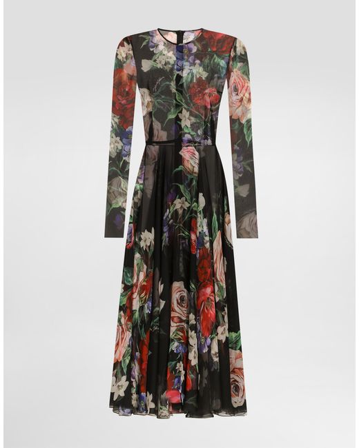 Vestido Longuette De Chifón Con Falda Plato Y Estampado A Flores Dolce & Gabbana de color Multicolor