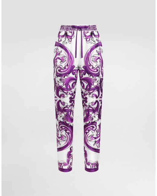 Dolce & Gabbana Purple Majolica-Print Silk Twill Vanity Trousers