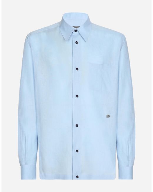 Dolce & Gabbana Blue Linen Hawaiian Shirt With Dg Hardware for men