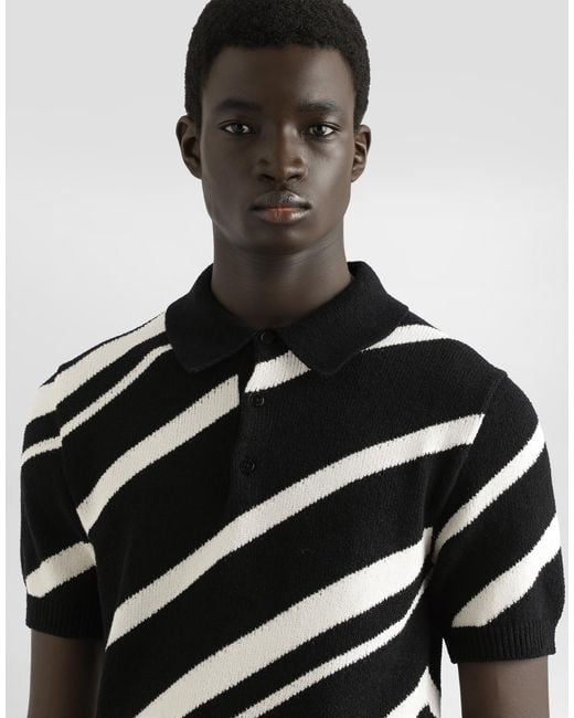 Jersey Polo De Algodón De Manga Corta Con Intarsia A Rayas Dolce & Gabbana de hombre de color Black