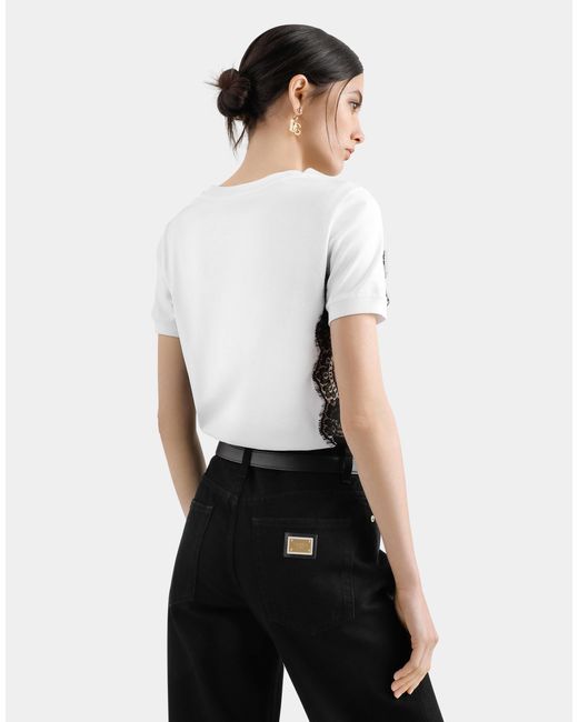 Dolce & Gabbana Black Jersey T-Shirt With Dg Logo And Lace Details