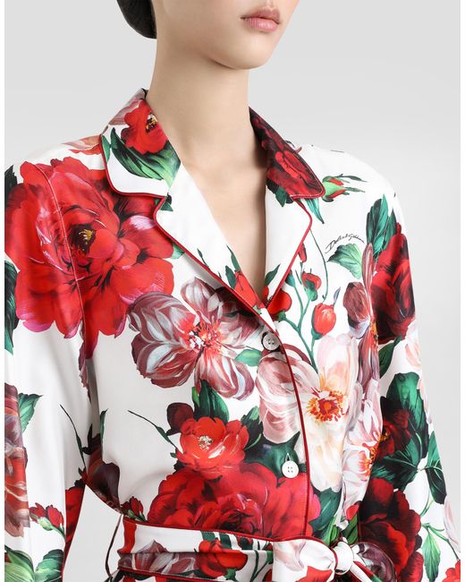 Dolce & Gabbana Red Long-Sleeved Twill Pajama Shirt With Rose