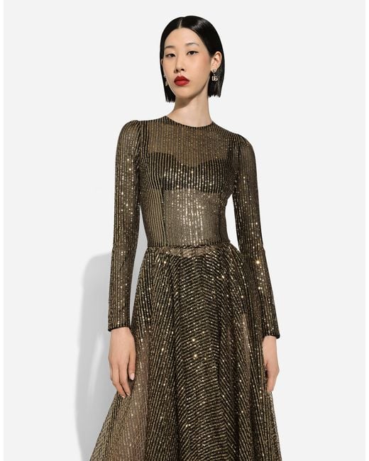Dolce & Gabbana Natural Long-Sleeved Sequined Midi Dress