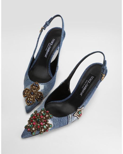 Dolce & Gabbana Denim Patchwork Slingback With Embroidery Blue