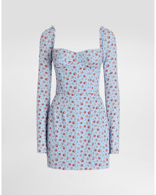 Dolce & Gabbana Blue Silk Dress With Floral Motif