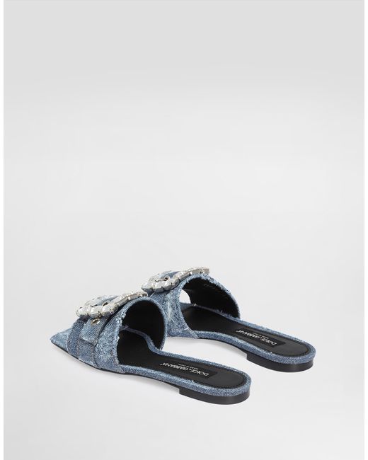 Dolce & Gabbana White Patchwork Denim Slides With Rhinestone Buckle