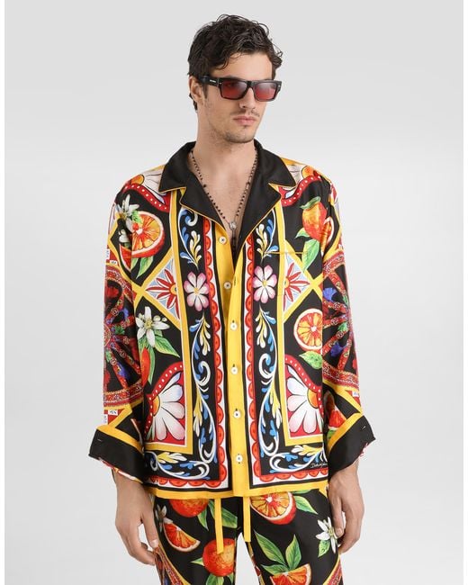 Dolce & Gabbana Black Carretto-Print Silk Twill Shirt for men