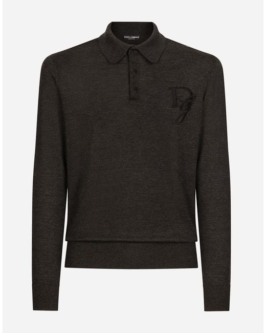 Dolce & Gabbana Black Long-Sleeved Cashmere Polo-Shirt With Embroidered Logo for men