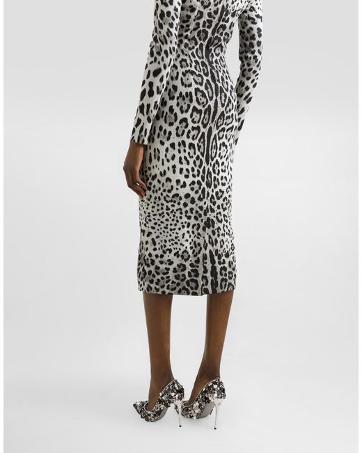 Dolce & Gabbana White Charmeuse Calf-Length Sheath Dress With Leopard