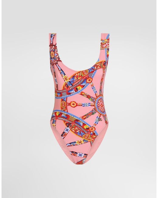 Dolce & Gabbana White Carretto-Print One-Piece Swimsuit