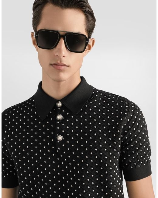 Dolce & Gabbana Black Polka-Dot Buttoned Polo Shirt for men