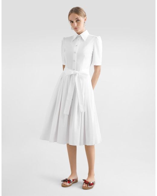 Dolce & Gabbana White Cotton Calf-Length Shirt Dress