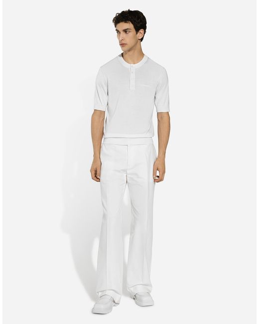 Dolce & Gabbana White Silk Granddad-Neck Sweater With Logo Embroidery for men