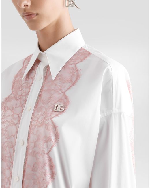 Dolce & Gabbana Pink Oversize Cotton Poplin Shirt With Lace Appliqués