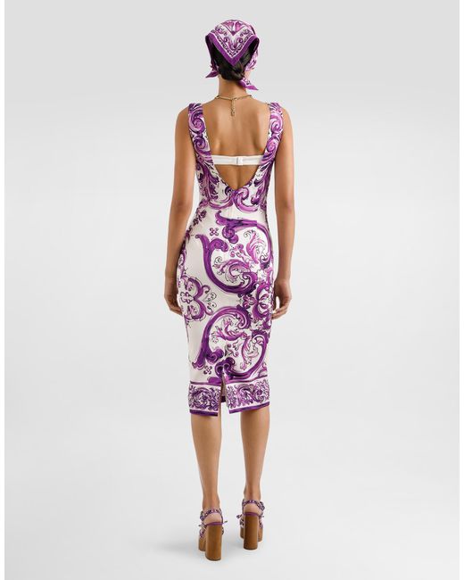 Dolce & Gabbana Purple Majolica-Print Long Charmeuse Dress