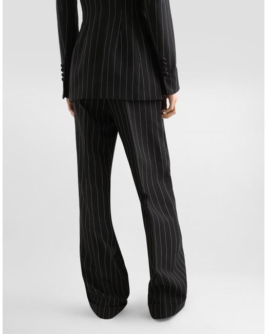 Dolce & Gabbana Black Straight-Leg Pinstripe Wool Pants With Turn-Ups