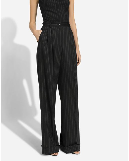 Dolce & Gabbana Black Ausgestellte Nadelstreifenhose Aus Wolle
