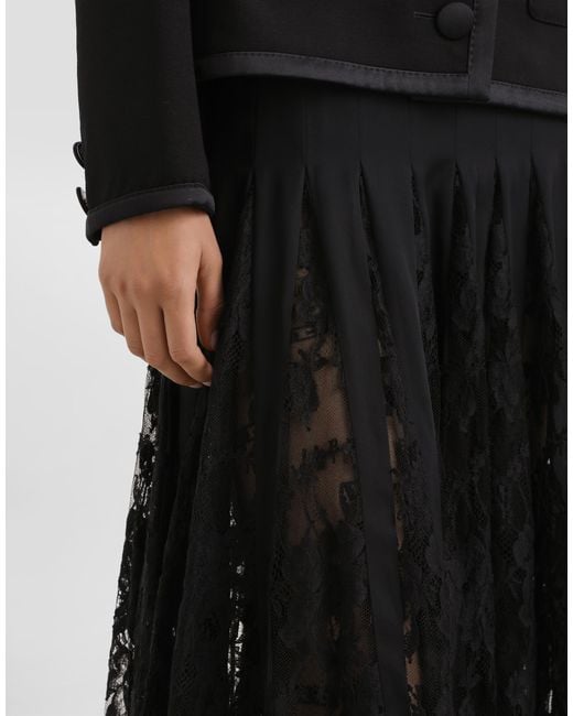 Dolce & Gabbana Black Longuette-Rock Aus Charmeuse Mit Einsätzen Aus Chantilly-Spitze