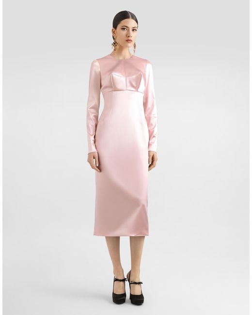 Dolce & Gabbana Pink Stretch Satin Round-Neck Calf-Length Dress