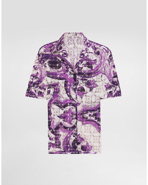 Dolce & Gabbana Purple Majolica-Print Crochet Lace Shirt