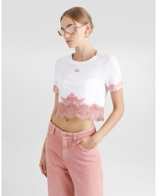 Dolce & Gabbana Pink Cropped-T-Shirt Aus Jersey Mit Einsätzen Aus Spitze Und Dg-Logo