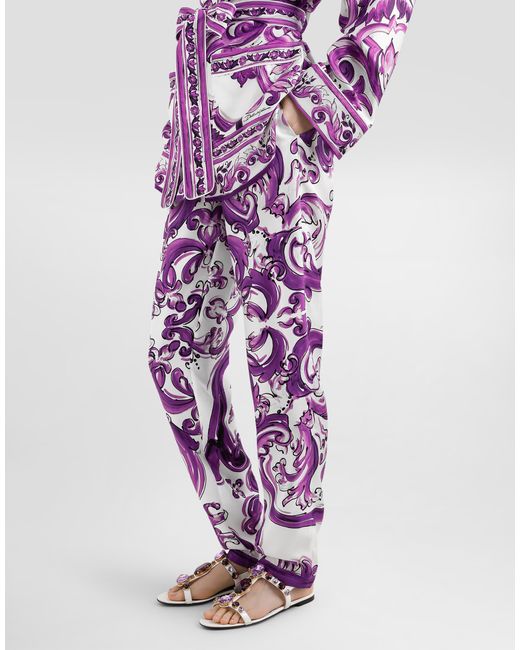 Dolce & Gabbana Purple Majolica-Print Silk Twill Vanity Trousers