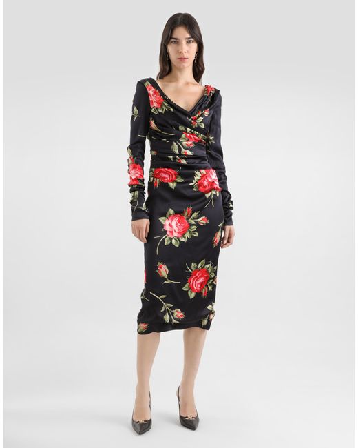 Dolce & Gabbana White Drapiertes Kleid Aus Satin Mit Blumenbouquet-Print